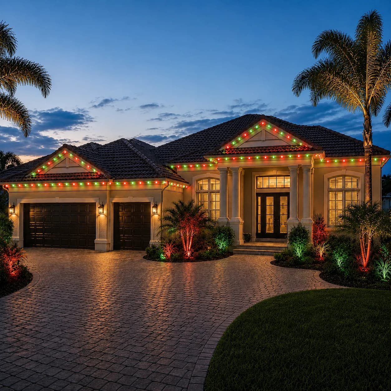 The same home lit for Christmas