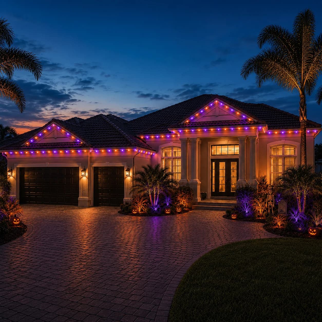The same home lit for Halloween